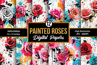 Painted Roses Digital Paper Patterns, Vintage Flower Pattern giraffe cartoon vintage flower pattern