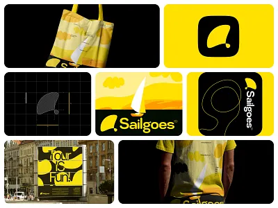 Sailgoes - Travel agency logo and branding billboard boat brand designer brand identity branding design graphic design icon illustration logo logotype minimal playful sea tour travel agency travelling typography vector yellow