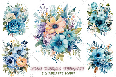 Watercolor Blue Floral Bouquet Clipart Bundle nature cartoon