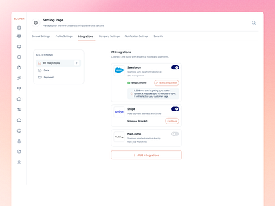 Settings Page - Intergrations | Web UI config configuration dashboard setting setting page settings page