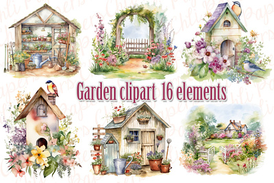 Watercolor garden clipart,Summer garden clipart,Spring Png nature cartoon