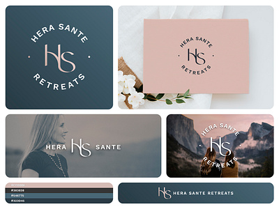 Hera Sante Retreats logo design dark green earthy tone emblem farm feminine h hera sante hs lodge logo monogram mountains natural nature retreat retreats s skin tone teal venue