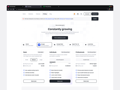 Football Scouting Platform - Pricing app design desktop football football app pricing pricing plans scouting soccer ui user interface web web design