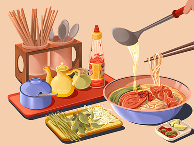 Vietnamese cuisine asian food chicken cuisines dinners food illustration lime lunch mint noodles soup