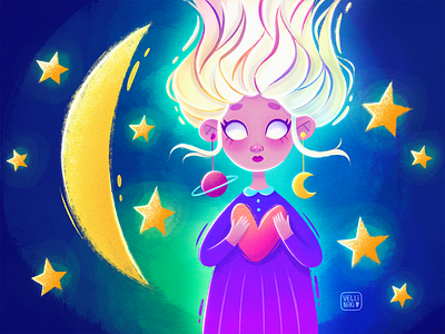 8/365 Heart. Digital character illustration concept female feminine hair heart love moon night planet star