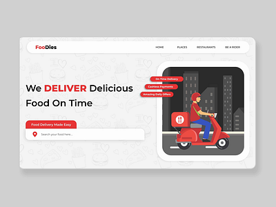 Food Delivery Landing Page Banner Concept With Lottie Animation animation banner design delivery animation delivery app design food delivery food delivery banner design food delivery landing page food search ux illustration landing page landing page ui design lottie lottie animation motion design motion graphics scooter lottie animation scooty ride ui ux