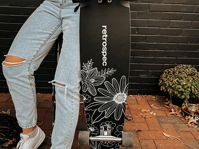 Zed Retrospec Floral Longboard Design art licensing black and white botanical line art design floral line art graphic design illustration illustrator line drawing longboard product design rosa v design rosa veliky sports ui