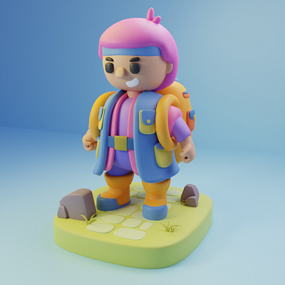 3D Mini Figure Pink Hair Adventurer Girl 3d adventure blender cartoon character cute girl modeling pink render