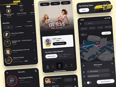 Mobile App for the largest urban shopping district in Italy benefits booking events filter food delivery interface mall map mobile app navigation onboarding parking product card reservation restaurant rewards scanning receipt shopping cart shopping district uiux