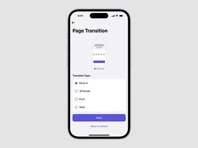 Page Transition Exploration animation setting animation settings app concept design minimal minimal ui mobile ui page animation setting page transition preview preview page design product design radio button transition picker transition preview transition settings ui uiux ux