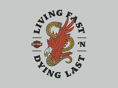 Living Fast 'N Dying Last american apparel culture design eagle graphic harley harley davidson illustration motorcycle snake t shirt vector