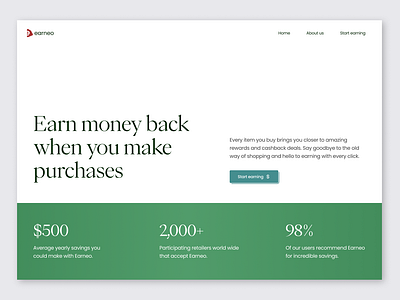 Earneo - Cash-back Service Website bold cash cashback clean design earn finance gradient green invest investment landing page minimal money savings ui web design website white