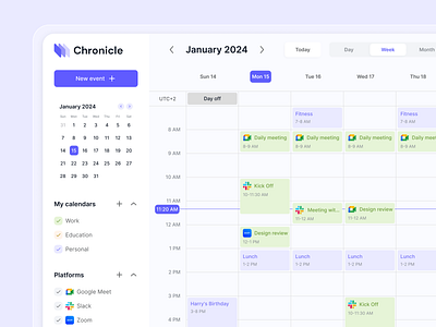 Chronicle - Dashboard Calendar / Multi-Platform Synchronization calendar dashboard google meet mobile productivity project management schedule slack synchronization ui web web design zoom