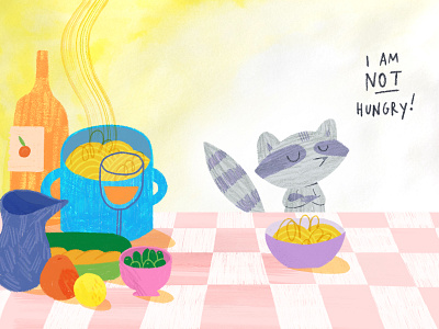 I am NOT hungry animation children food illustration ingredients kids kitchen nutrition picture book raccoon recipe table