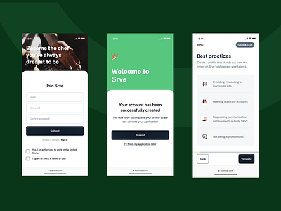 SRVE culinary experience mobile sign up branding design illustration log in log in screen login logo mobile app mobile design onboarding sign in sign up ui