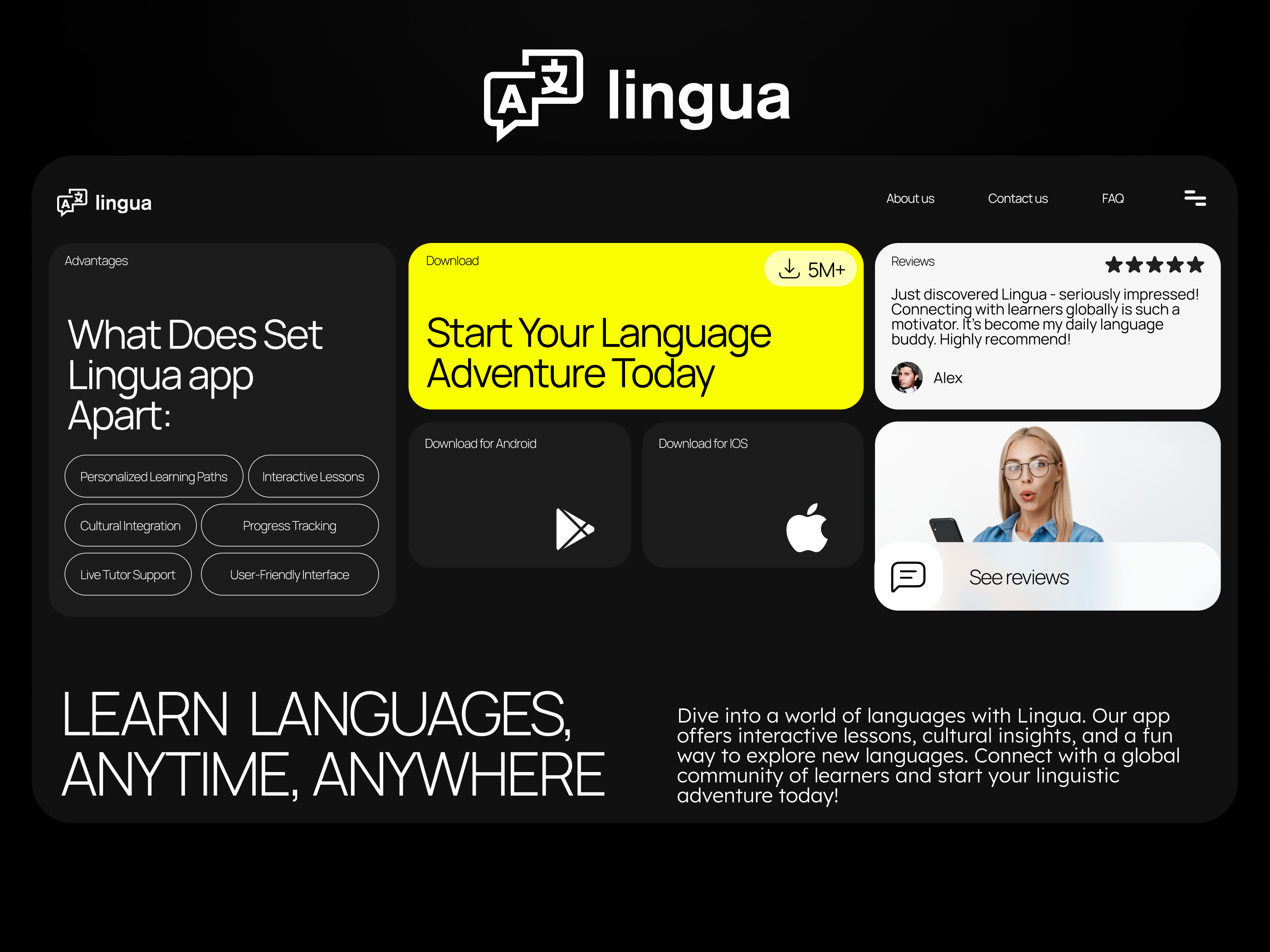 Lingua - Website For a Language Learning App app design figma language app language learning modern design modern web design modern website ui web design website