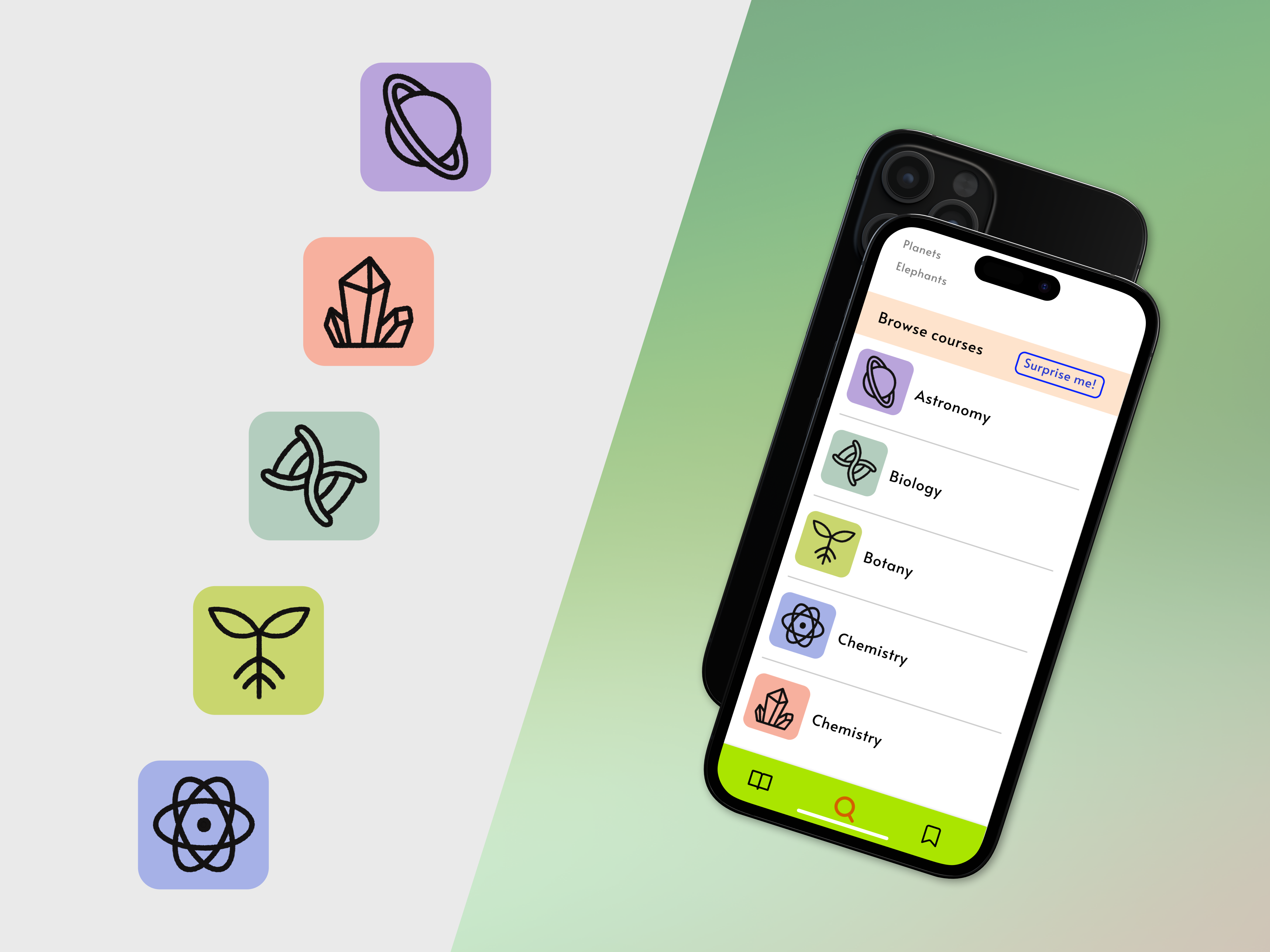 Science icons & app screen design astronomy biology botany chemistry design geology graphic design hand drawn icon icon design illustration learn learning app school science search student study ui ui design
