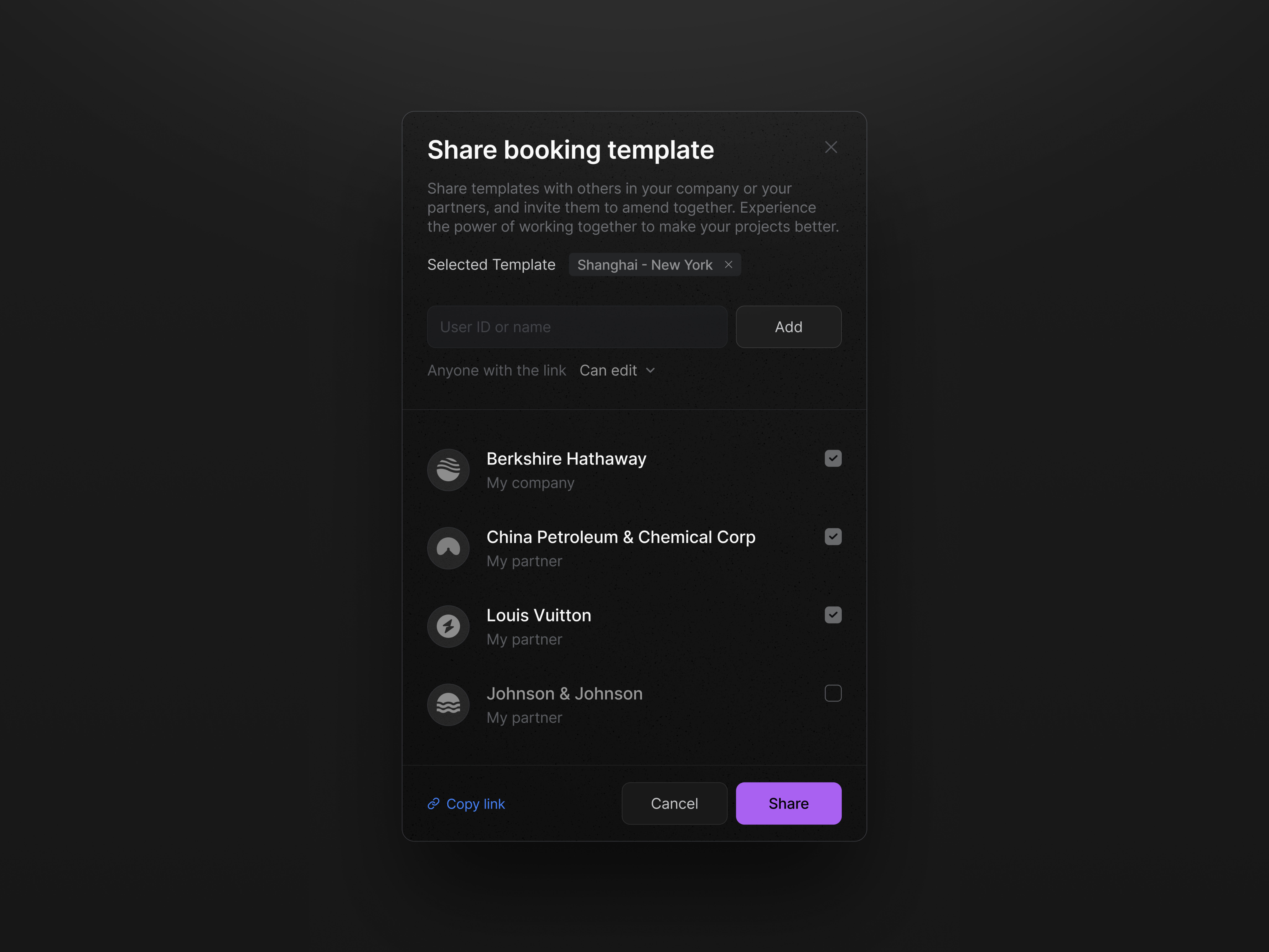 Pop up - Share booking template concept booking clean dark mode modern pop up popular sharing sharing template template ui design visual design