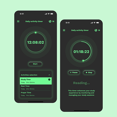 Daily activity timer app dailytimer darkmode design figma mobile app timer ui uiux ux