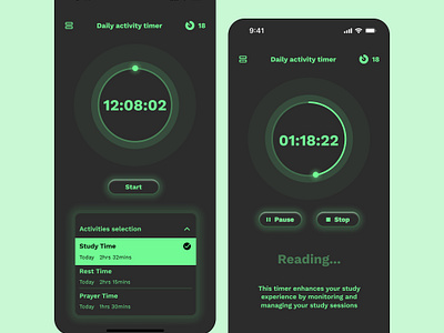 Daily activity timer app dailytimer darkmode design figma mobile app timer ui uiux ux