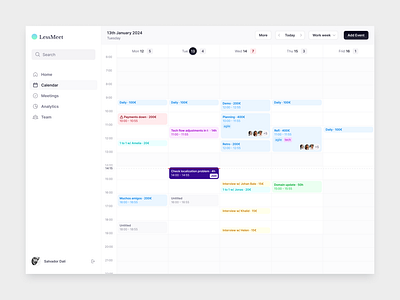 LessMeet - Calendar Web App app calendar concept hours money saas tailwind time ui web web app weekly