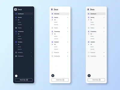 Navigation sidebar versions for Zeus product design saas sidebar
