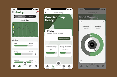 Amity, mental health mobile app app calendar design illustration login mental health mobile progress schedule screen sleep tab bar ui ux