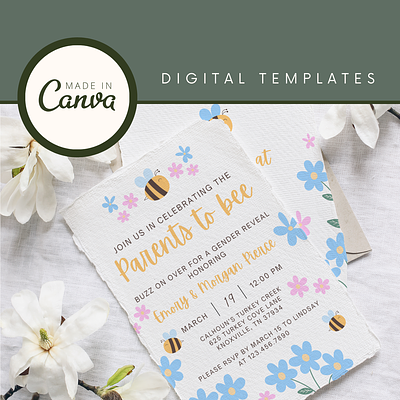 Parents to Bee Gender Reveal Invitation Set | Canva Templates baby shower canva digital template gender reveal graphic design invitation parents to be spring summer