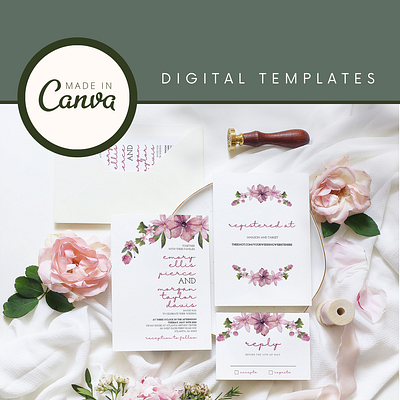 Pink Floral Wedding Invitation Set | Canva Templates canva digital template floral graphic design invitation spring summer wedding