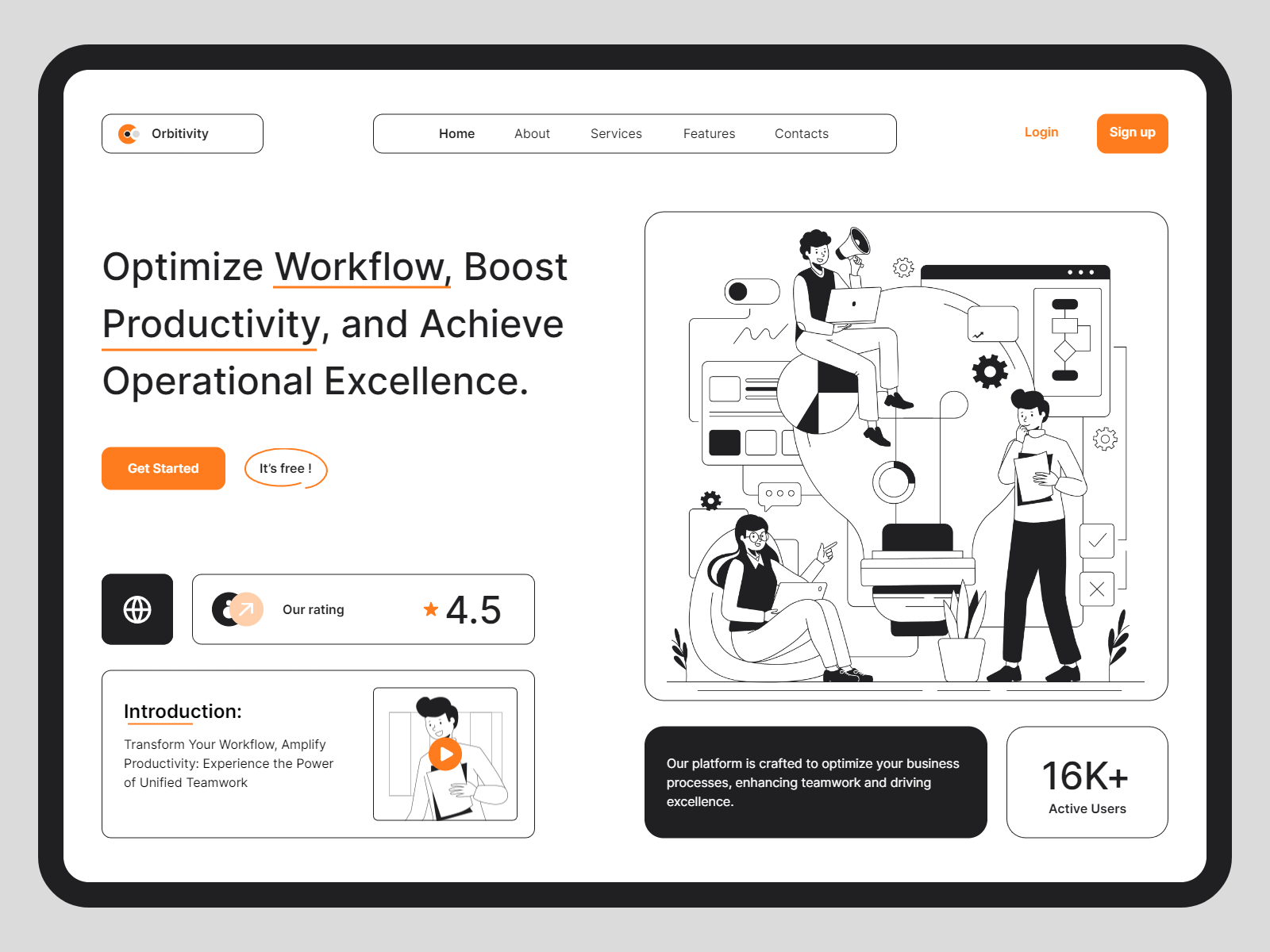 Orbitivity - Teamwork Web Header design figma flat header hero illustration landing page line art management management task outline productive team team management teamwork ui ui design vector web design website