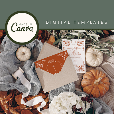 Simple Fall Wedding Invitation Set | Canva Templates canva digital template fall graphic design invitation wedding