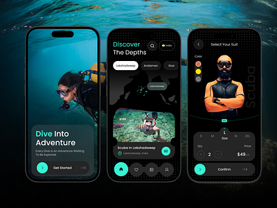 Scuba Diving Booking App UI adventure app design app ui booking booking app dailyui design diving app mobile app mobile app design ocean scuba scuba app scuba divers scuba diving sports swimming travel trip uiux