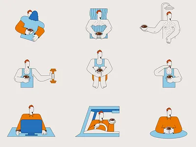 Life as a coffee addict 2d blue character character design character illustration coffee coffee addict coffee illustration flat character flat illustration icon illustration orange