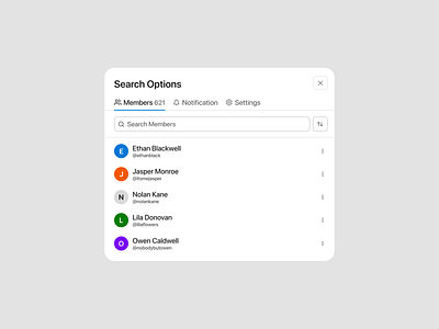 Search Options - Modal app card component design design system figma landing page light members minimalist modal options platform search settings team ui ui design ui kit widget