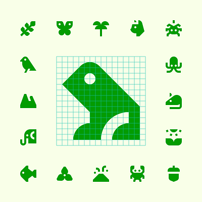 Nature icons animal butterfly cat chestnut courgette crab elephant field fish flower frog leaf mountain mouse nature octopus palm tree spider sunny volcano