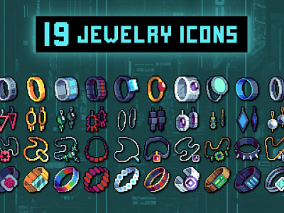 Jewelry 32×32 Pixel Art Icons 2d 32x32 art asset assets cyberpunk fantasy game game assets gamedev icon icons illustration indie indie game jewelry pixel pixelart pixelated rpg