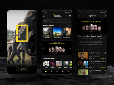 NAT Geo Mobile App adventure app dark documentry explore geograph magazine map mobile national navigation science stories ui ux wildlife