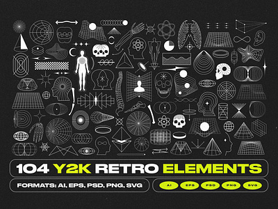 Y2K Retro Elements Pack 3d acid boho cyberpunk elements futuristic geometric head hud icon mentalism retro shapes skull vinateg wireframe y2k