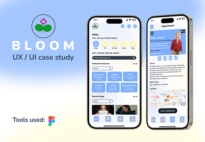 Bloom | Mental health app | UX/UI Case study bloom design figma illustration mentalhealth mobiledesign prototype userresearch uxui wireframe