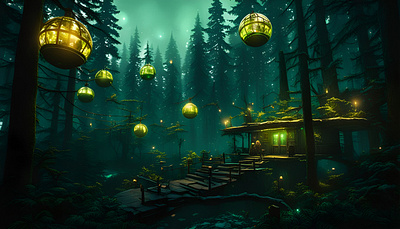 Harmony LIVING cabin cyberpunk art cyberpunk city futuristic art mystery forest sci fi utopian village wallpaper