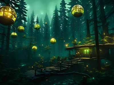 Harmony LIVING cabin cyberpunk art cyberpunk city futuristic art mystery forest sci fi utopian village wallpaper