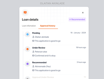 Approval workflow details modal. approval modal product design ui ux