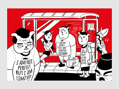 IANPBIALE Illustration bus stop cartoon character design funny illustration ironic locals malaysia people red travel