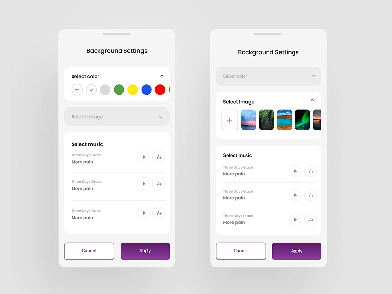 Background Settings (BeMe) app design background beme color palate color settings mobile app settings ui ux