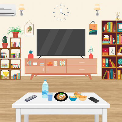 TV Room bookshelf family home house illustration room table televisi tv