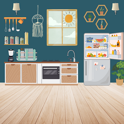 Simple Kitchen background design illustration kitchen refrigerator room simple wall window