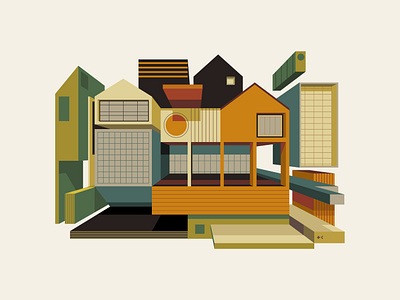 Post-Bauhaus architecture building design digital editorial facade house icon illustration indonesia minimal nft orange pastel perspective vector