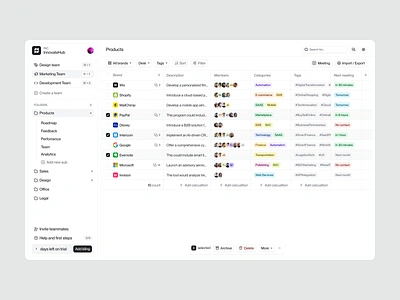 CRM Saas - Innovate Hub clean crm dashboard data data table design filtering fintech folders list members multi select saas sidebar soft ui table table view ui ux web design