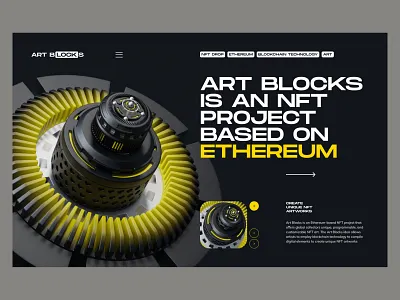 Art Blocks. Creative design of the first screen of the website 3d elements blockchains creative design first screen home page idea for design nft website web design web designer website