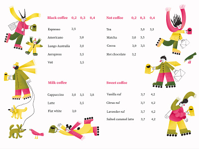 Cafe menu illustrations bird branding cafe character characterdesign child coffee dog graphic design illustration illustrator local menu mother office people winter